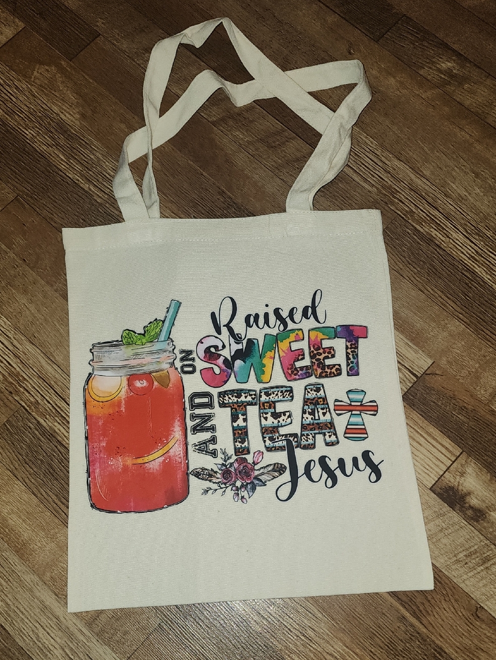 Raised on Sweet Tea and Jesus Tote Bag - Multicolor Print. 13x15